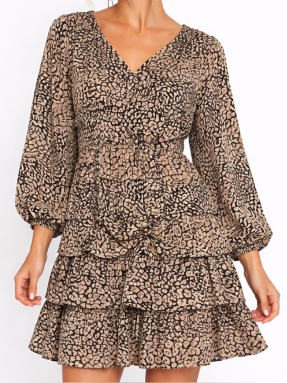 Skies Are Blue NWT Leopard Print Tiered Ruffle V-Neck Long Sleeve Mini Dress 1X